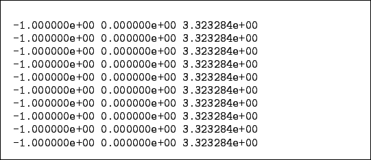 \begin{figure}\begin{codebox}{4.7in}
\begin{verbatim}-1.000000e+00 0.000000e+...
...000e+00 0.000000e+00 3.323284e+00\end{verbatim}\end{codebox}\protect\end{figure}